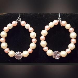 Pink White Faux Pearl Hoop Beaded Earrings
